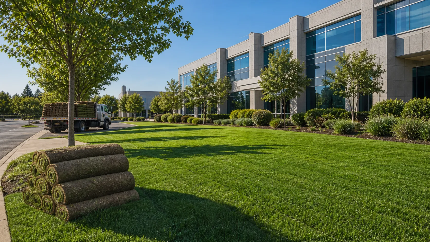Park Avenue Turf commercial sod service for larger properties Commercial property with fresh sod rolls and a newly established green lawn