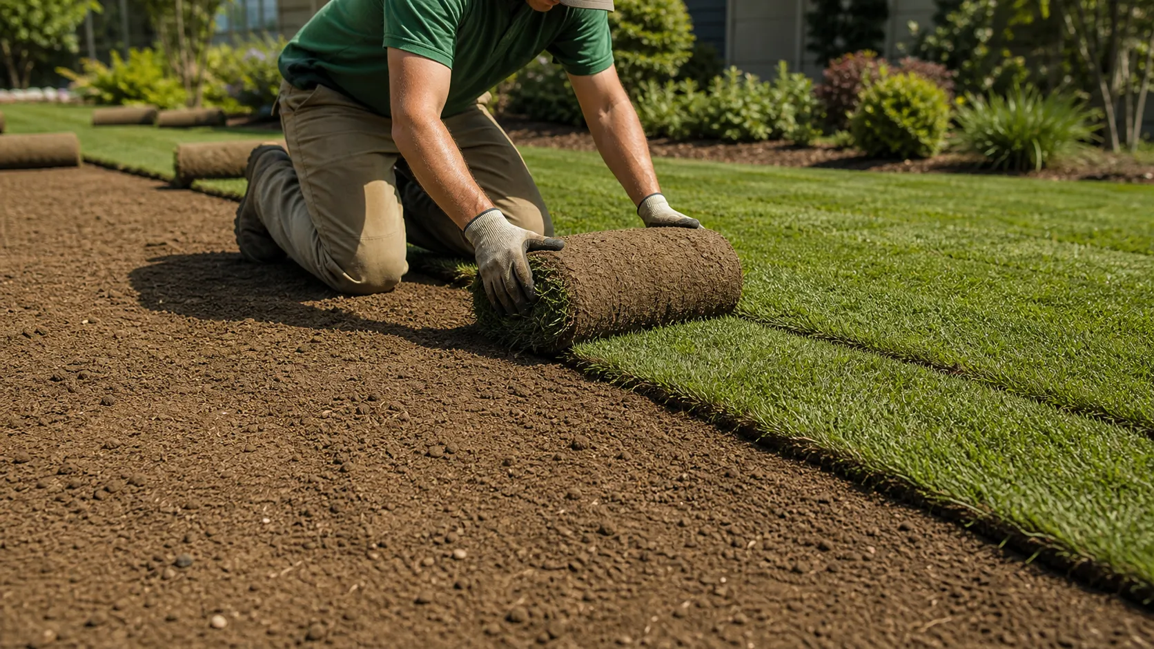 Installer rolling fresh sod onto prepared bare soil