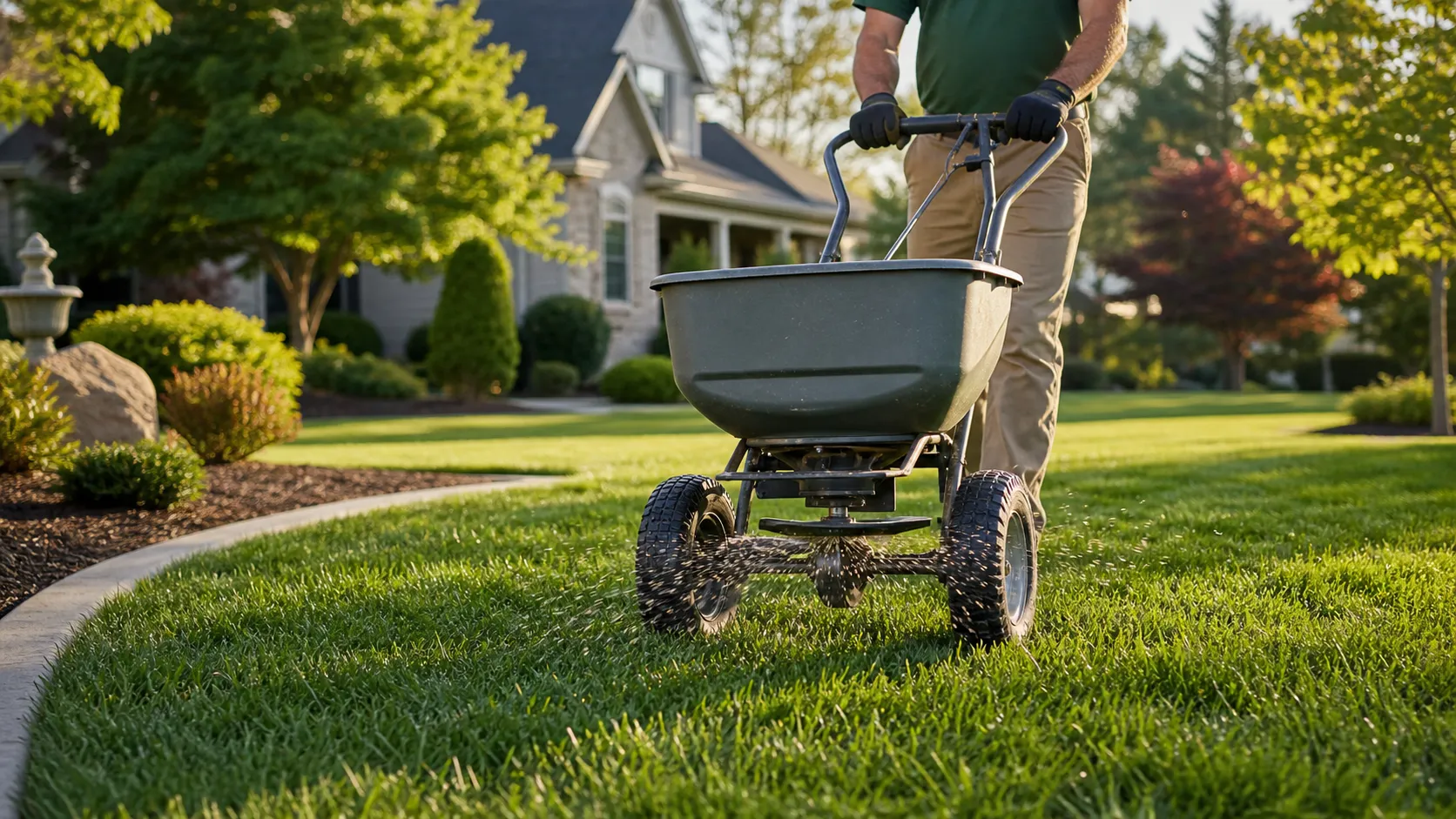 How to fertilize an established sod lawn responsibly Broadcast spreader applying fertilizer across a healthy established sod lawn