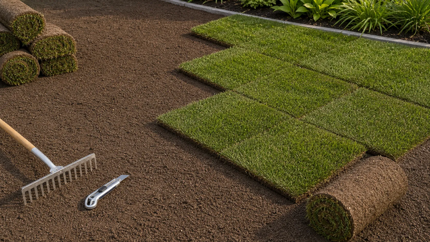 How to install sod in staggered rows over prepared soil Fresh sod strips laid in staggered rows on prepared bare soil for proper installation