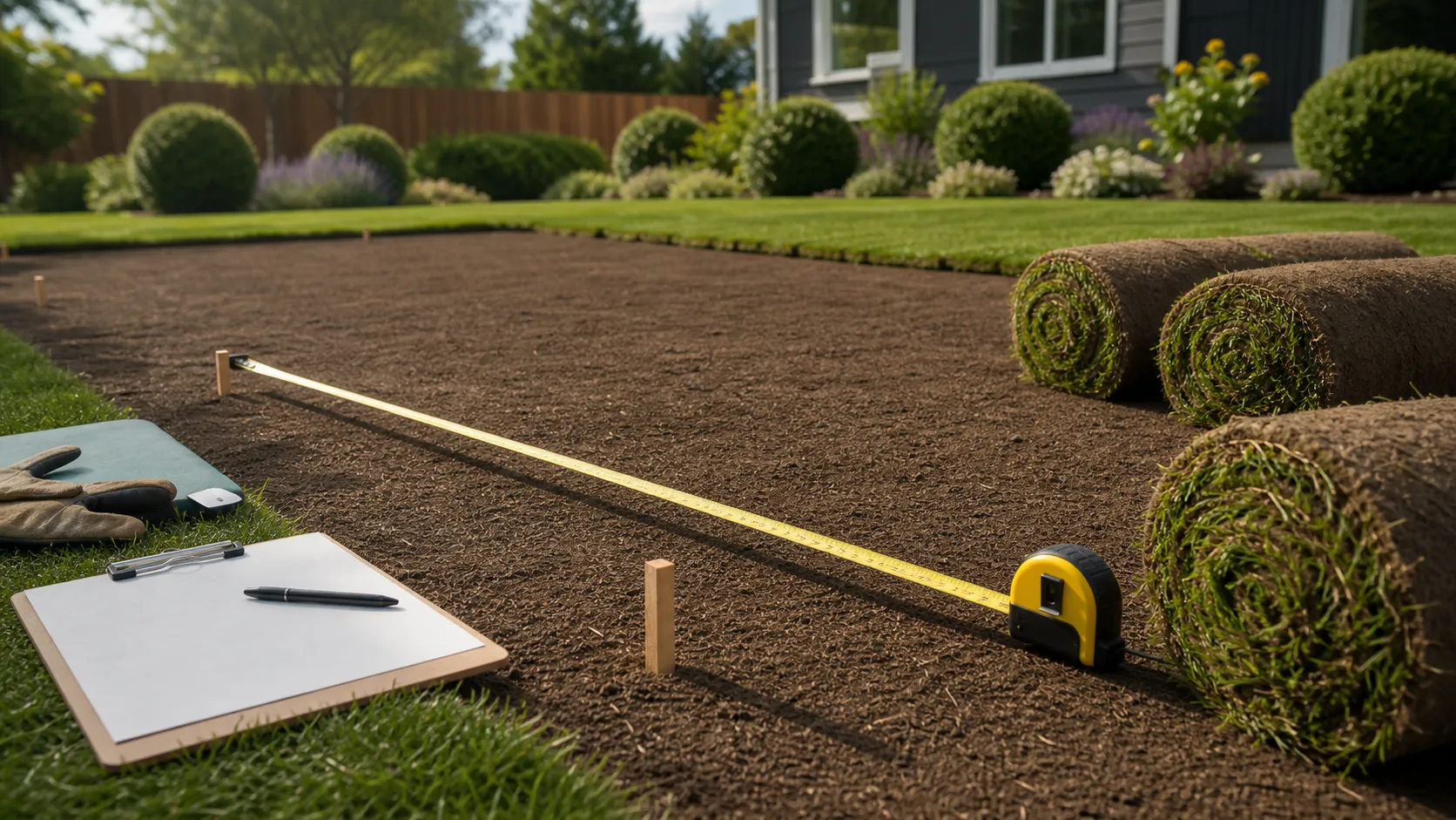 How to order sod by measuring prepared lawn square footage Measuring tape and fresh sod rolls used to calculate square footage for a sod order