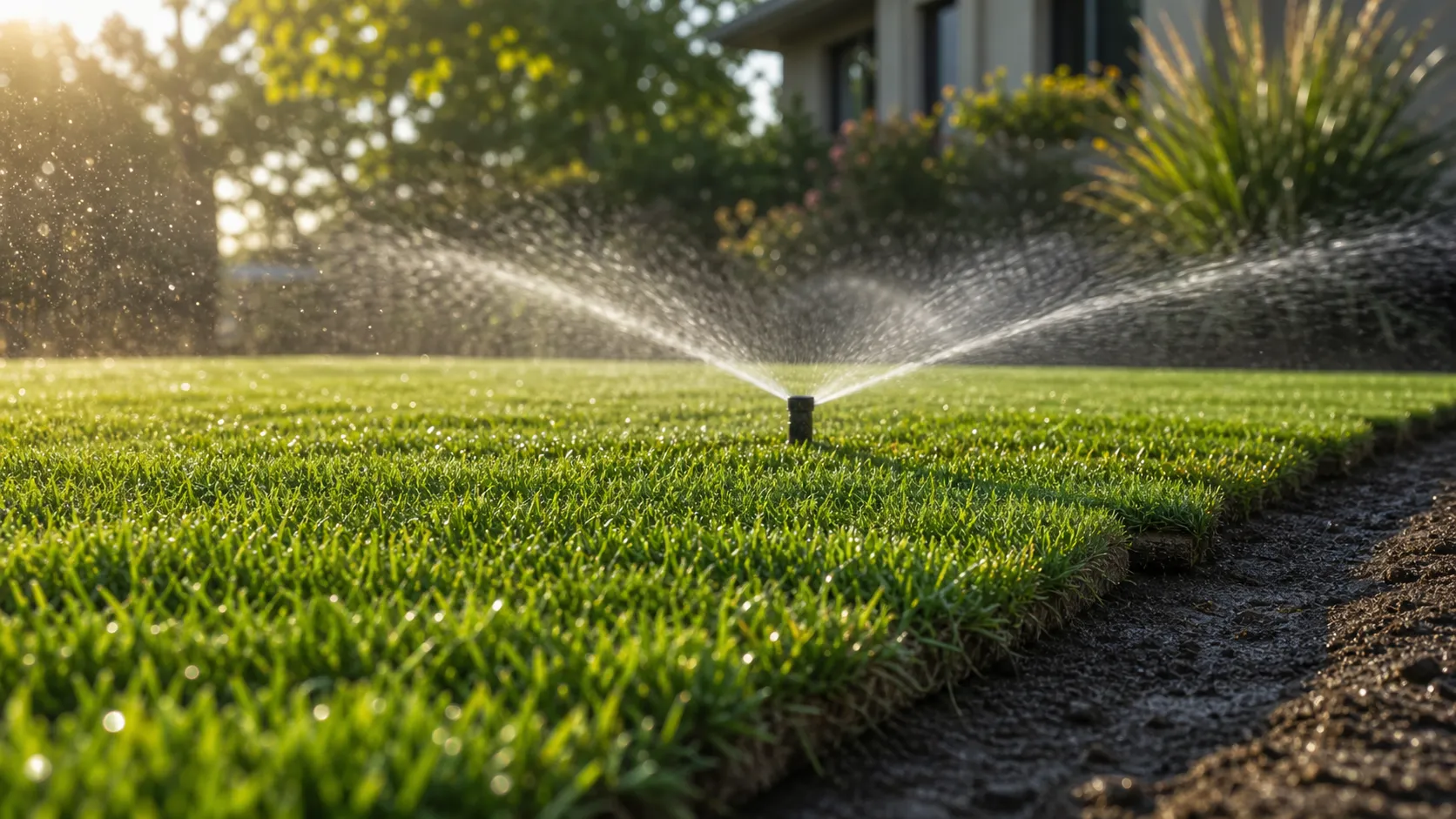 How to water new sod during lawn establishment Sprinkler watering new sod evenly during the early lawn establishment period