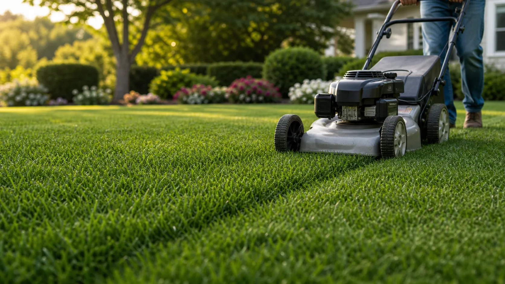Lawn mowing tips for established Park Avenue Turf sod Lawn mower cutting healthy established sod at a clean maintenance height