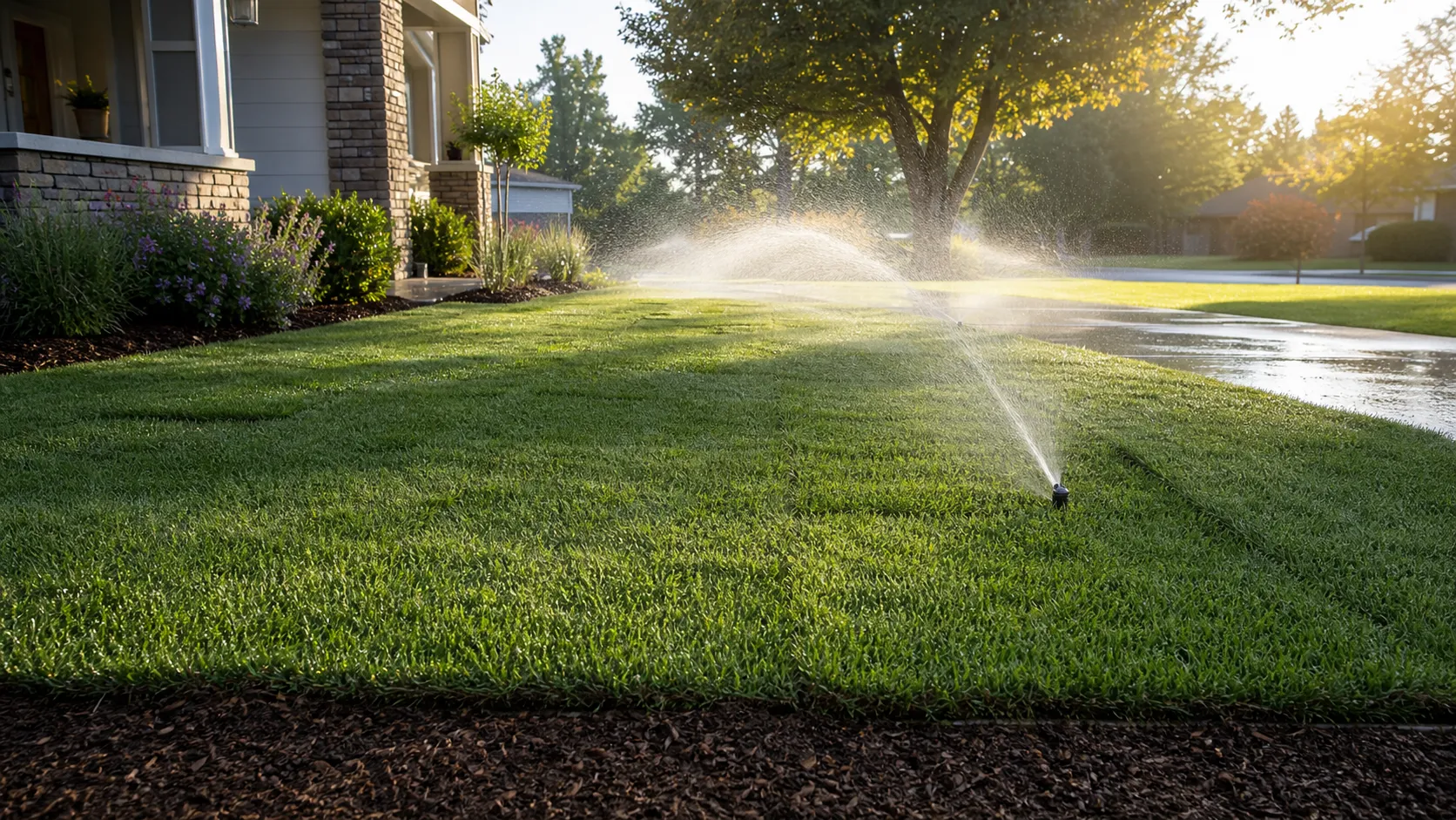 Sprinkler watering newly installed sod for early lawn maintenance