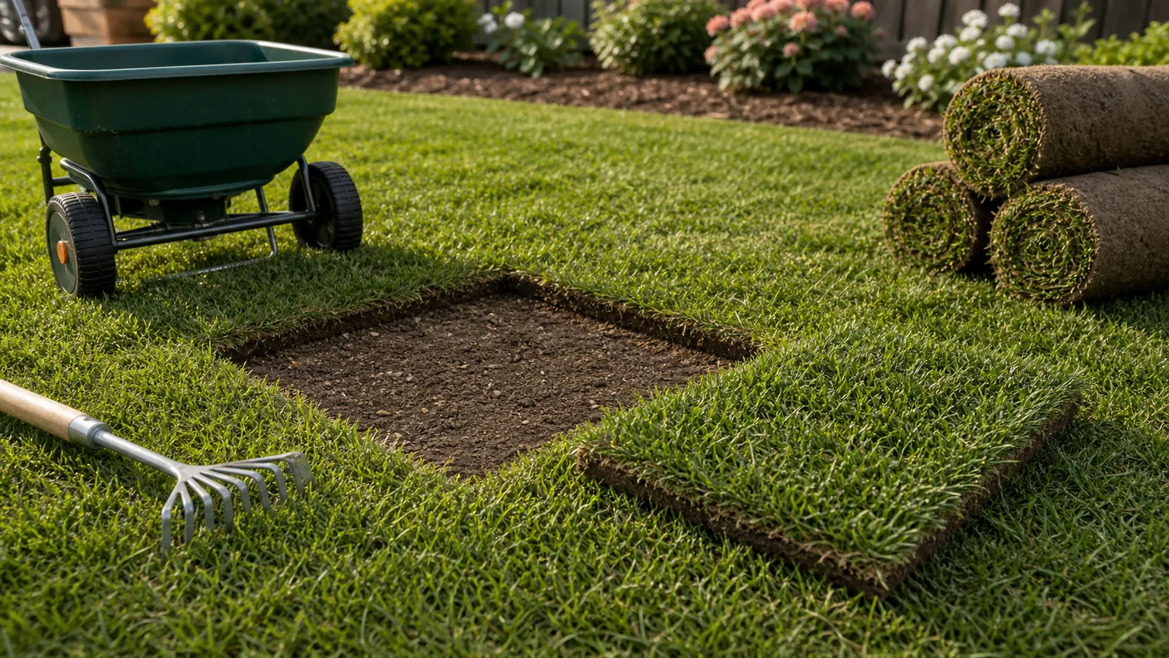 Repairing a lawn with a prepared bare soil sod patch Bare lawn repair patch prepared for sod replacement with seed and repair tools nearby