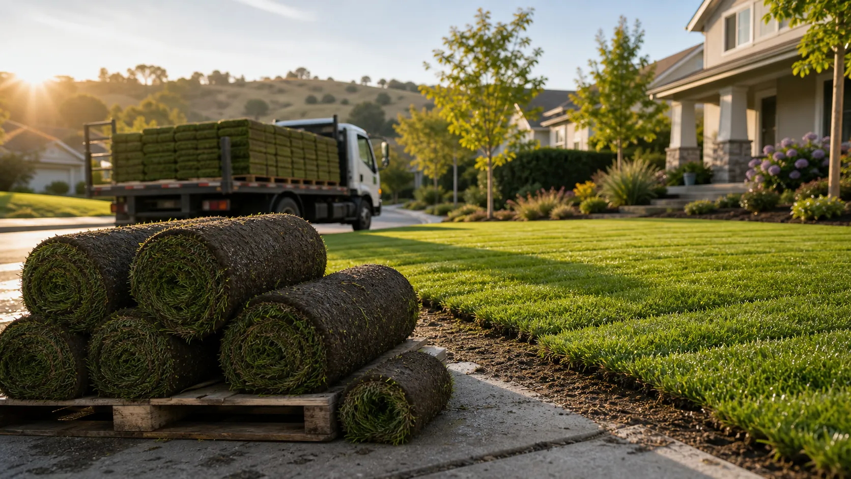 Park Avenue Turf sod services planning with delivery and fresh turf rolls Fresh sod rolls staged for Park Avenue Turf delivery and installation services