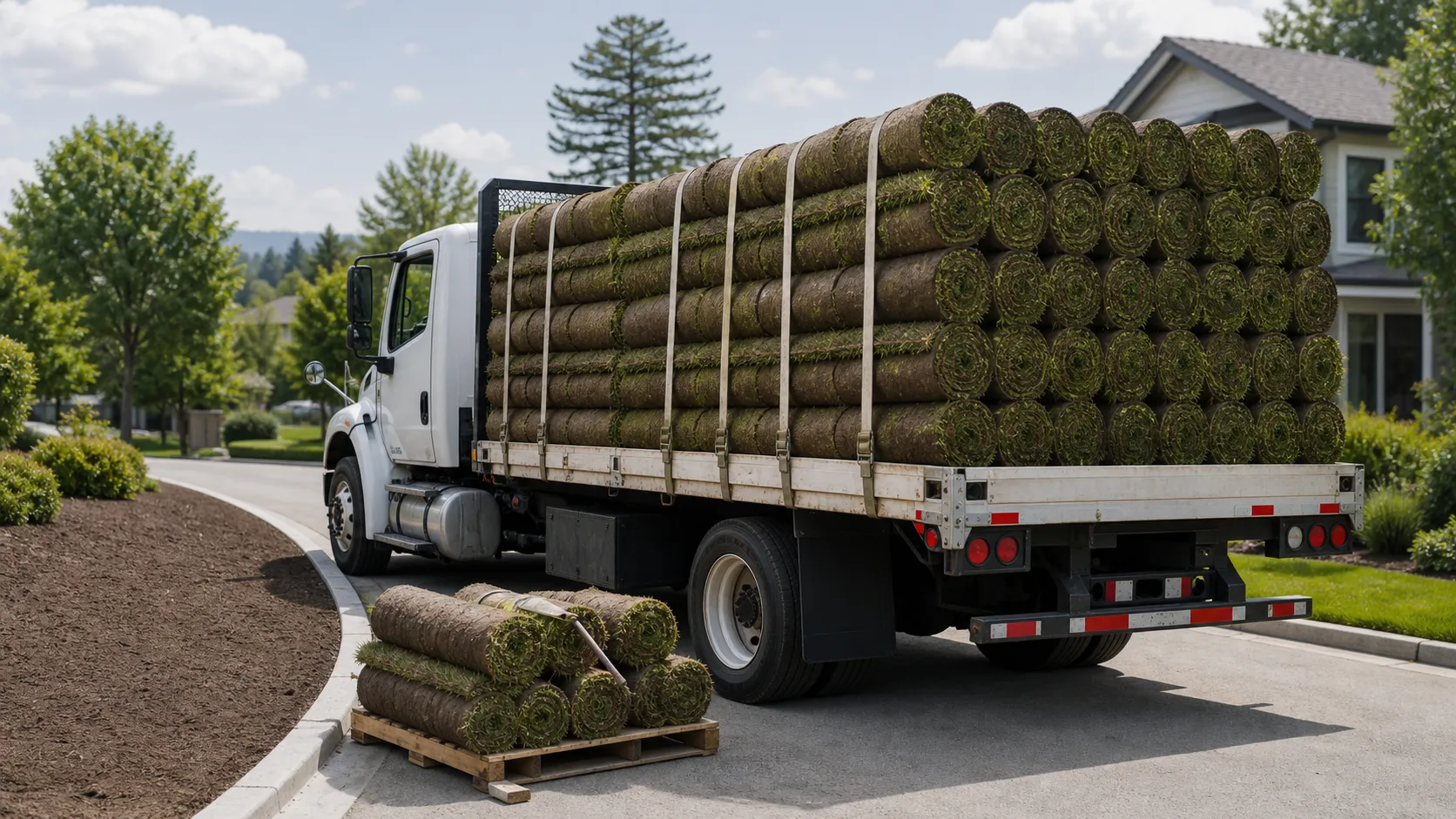 Park Avenue Turf sod delivery truck at prepared jobsite Sod delivery truck loaded with fresh turf rolls at a prepared lawn jobsite
