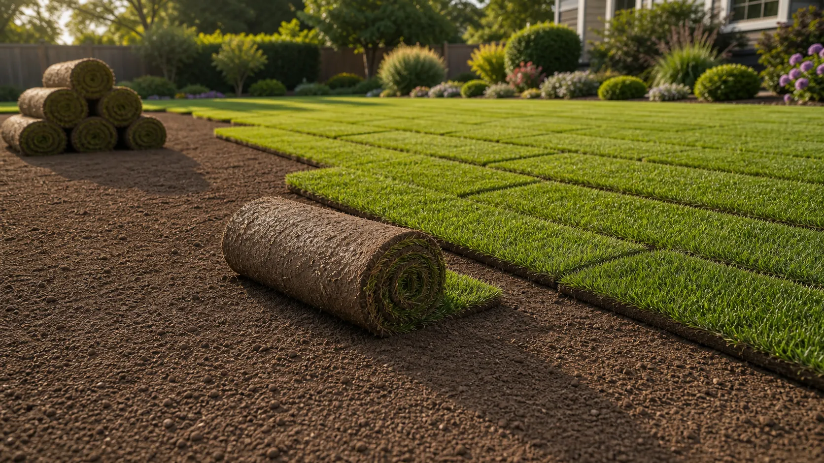 Park Avenue Turf sod installation on prepared bare soil Fresh sod installed in neat rows over prepared bare soil for proper lawn establishment