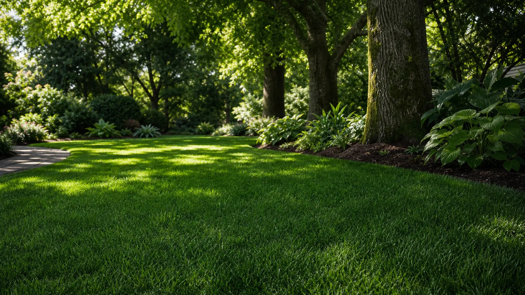 Royal Shade Blend sod lawn Royal Shade Blend sod growing in a shaded lawn