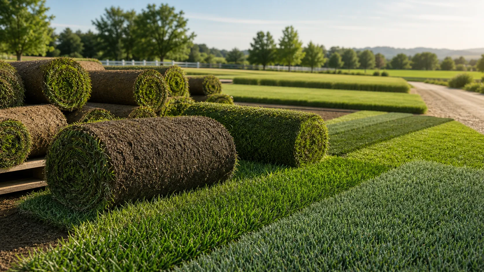Park Avenue Turf sod varieties shown as fresh rolls and turf samples Fresh sod rolls and turf samples representing Park Avenue Turf sod varieties