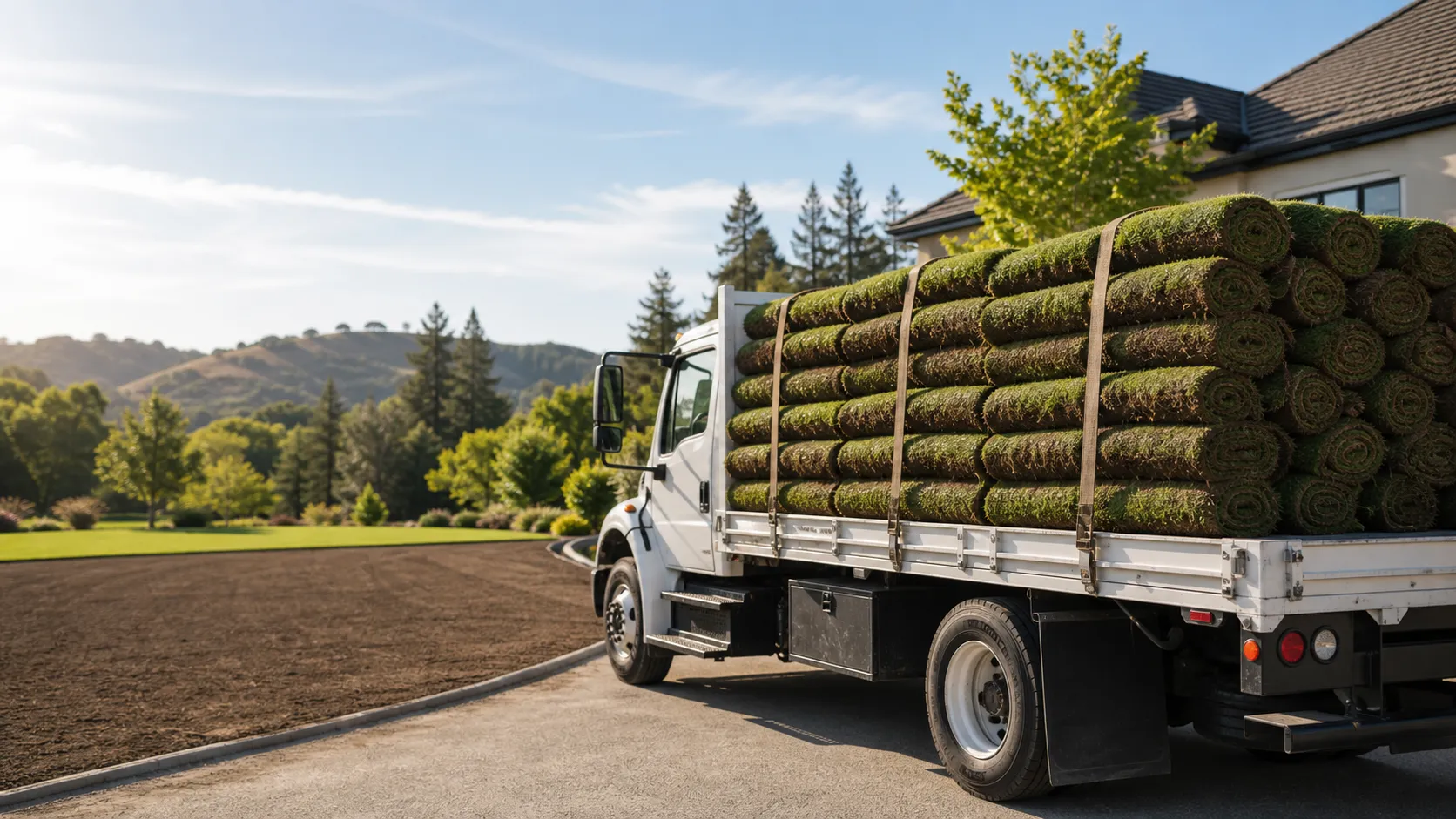 Sod delivery truck loaded with fresh turf rolls at a jobsite