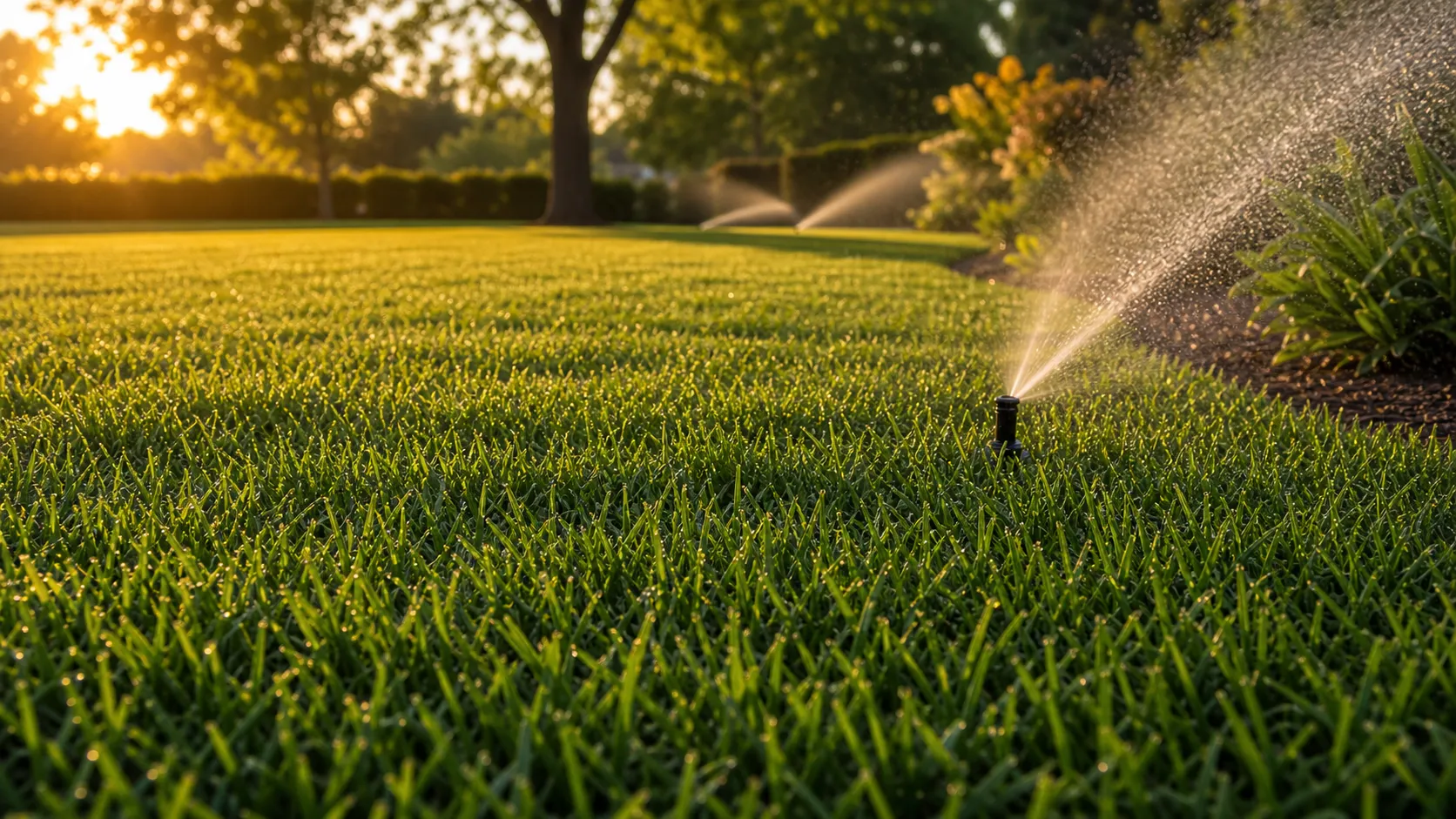 Healthy new sod lawn being watered by sprinklers
