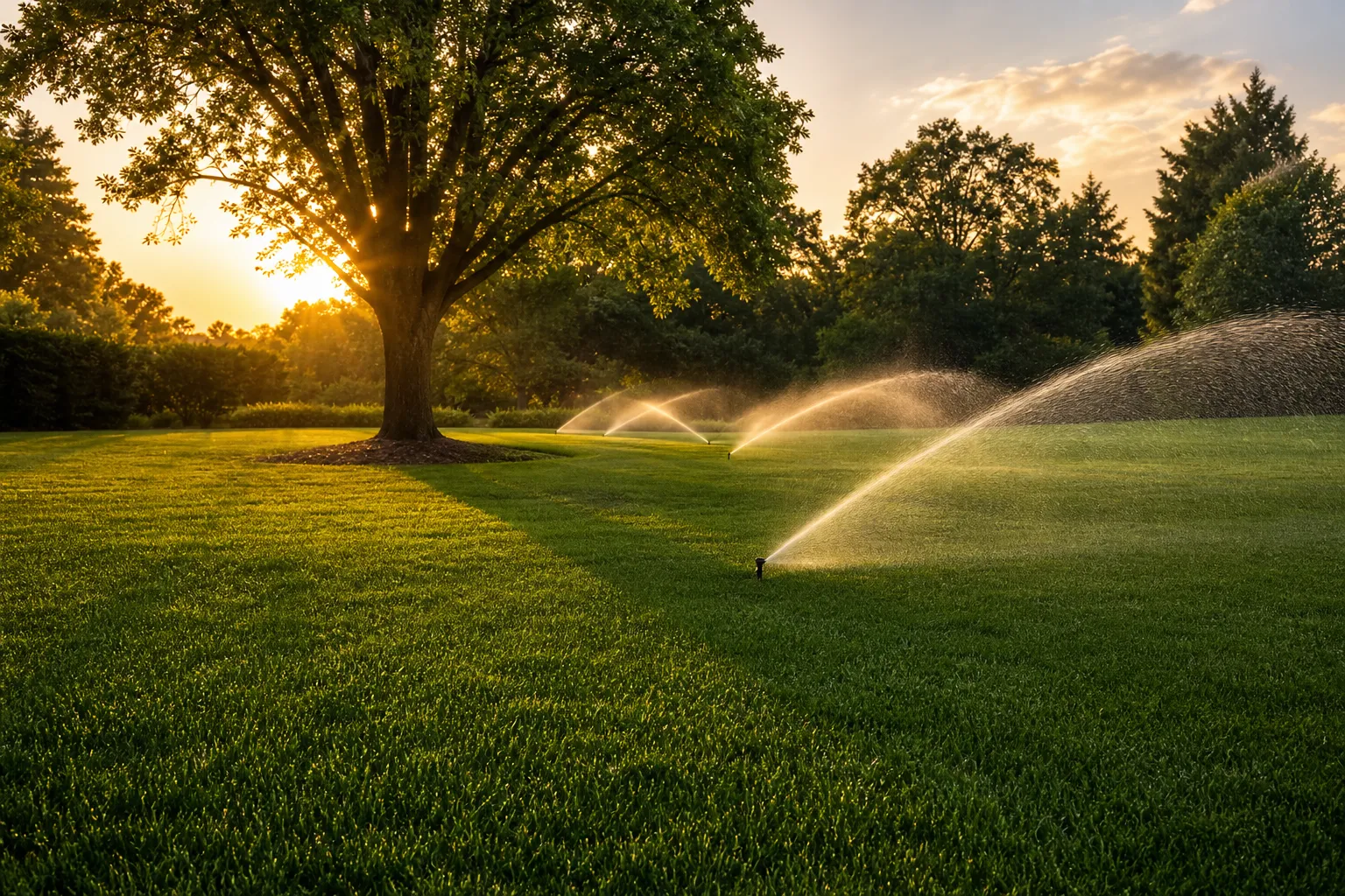 Healthy green lawn being watered by sprinklers at golden hour
